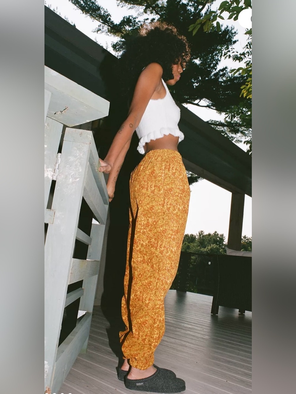 Urban Outfitters Mustard Floral Track Pants with Black Stripe